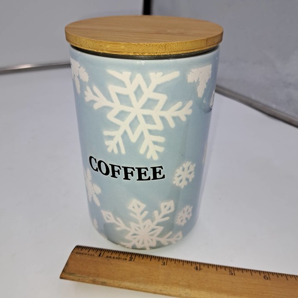 Tiffany color Blue and White Snowflakes Ceramic Wood Coffee Jar - Picture 4 of 6